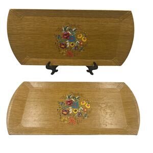 Vintage Set 2 Hask-Lite Wood Covered Trays Floral Lithograph Paper Cottage Core